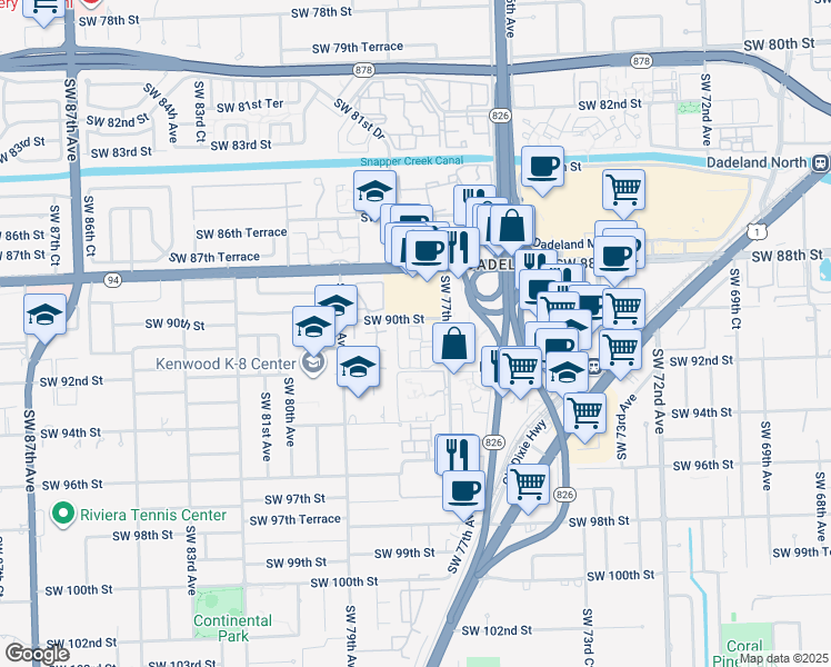 map of restaurants, bars, coffee shops, grocery stores, and more near 7750 Southwest 90th Street in Kendall