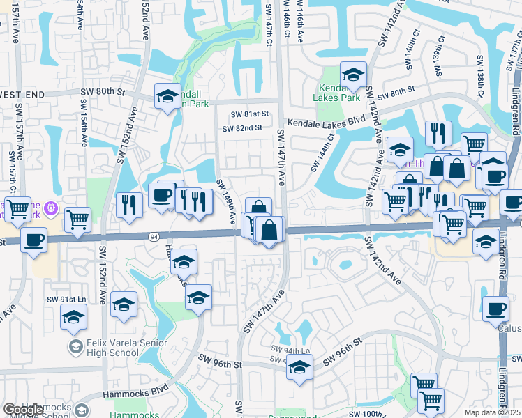 map of restaurants, bars, coffee shops, grocery stores, and more near 14727 Southwest 86th Lane in Miami