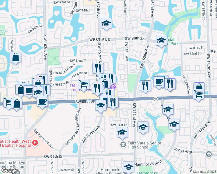 map of restaurants, bars, coffee shops, grocery stores, and more near 15665 Southwest 86th Terrace in Miami