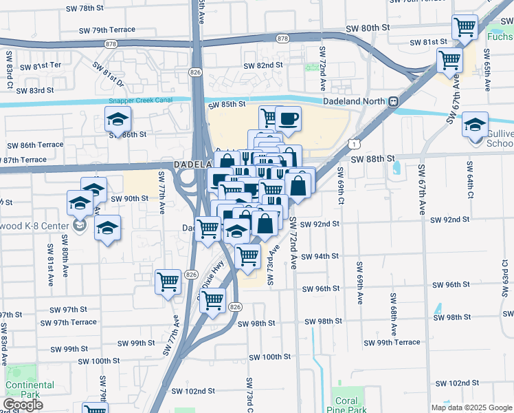 map of restaurants, bars, coffee shops, grocery stores, and more near 8875 Dadeland Blvd in Miami
