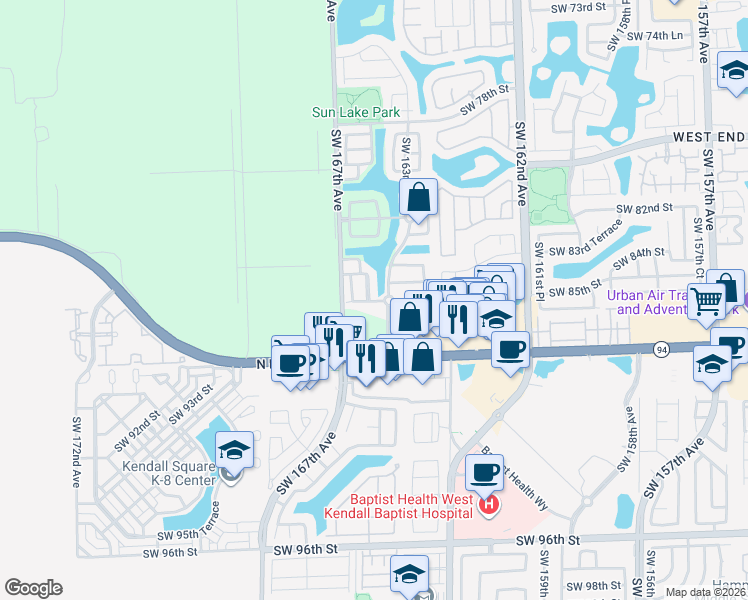 map of restaurants, bars, coffee shops, grocery stores, and more near 16498 Southwest 85th Lane in Miami