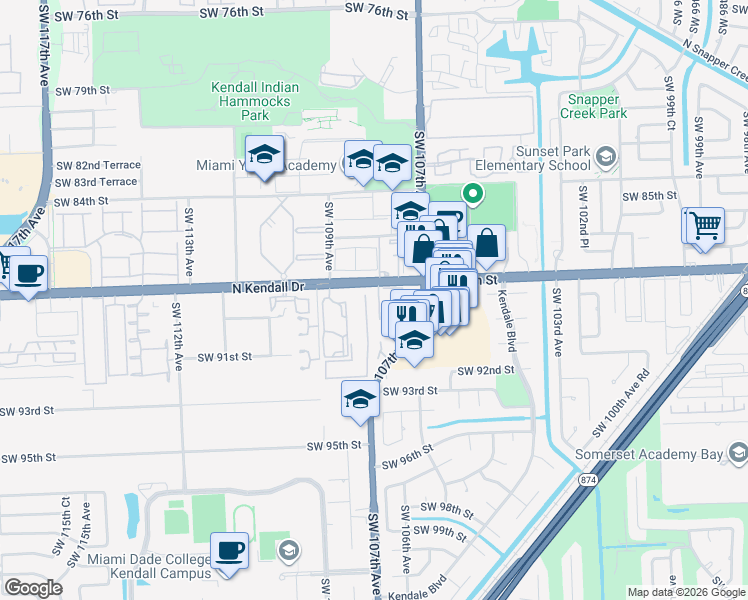 map of restaurants, bars, coffee shops, grocery stores, and more near 10796 North Kendall Drive in Miami
