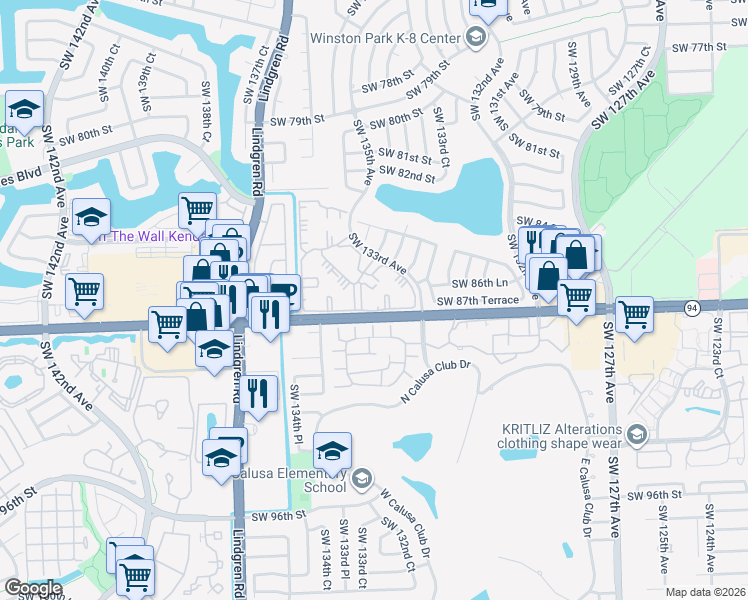 map of restaurants, bars, coffee shops, grocery stores, and more near 8700 Southwest 133rd Avenue in Miami