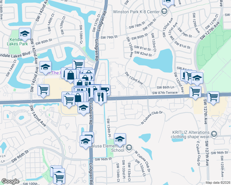map of restaurants, bars, coffee shops, grocery stores, and more near 8600 Southwest 133rd Avenue Road in Miami