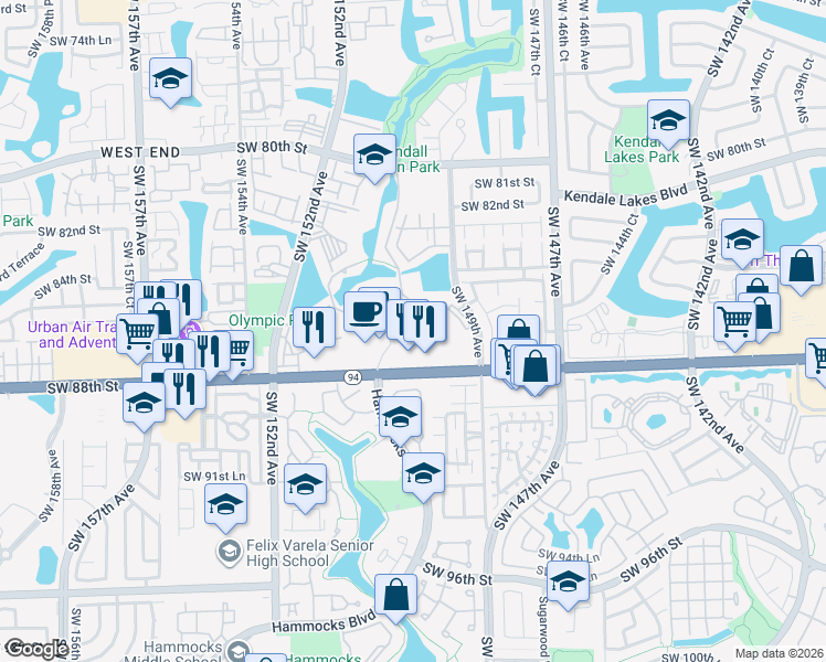 map of restaurants, bars, coffee shops, grocery stores, and more near 14955 Southwest 88th Street in Miami