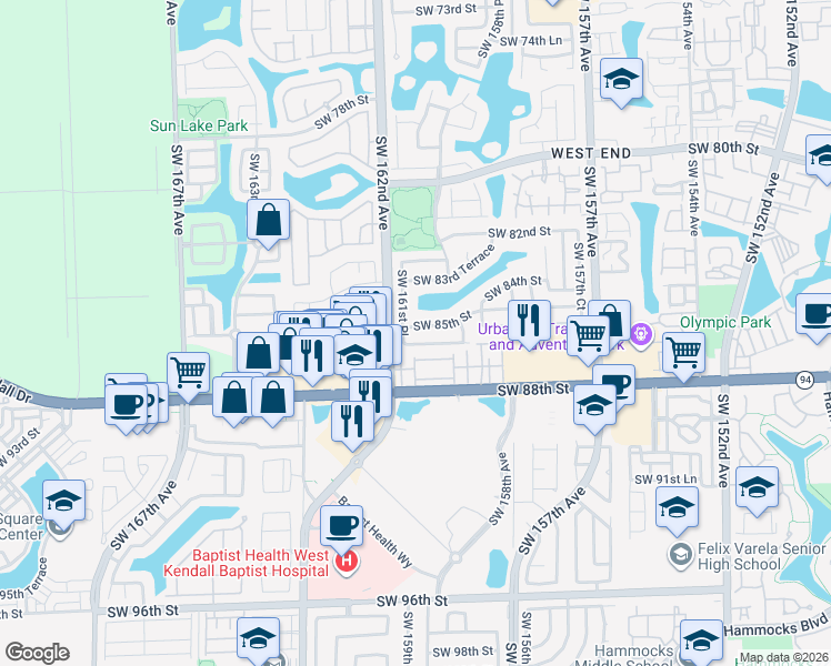 map of restaurants, bars, coffee shops, grocery stores, and more near 16083 Southwest 86th Terrace in Miami