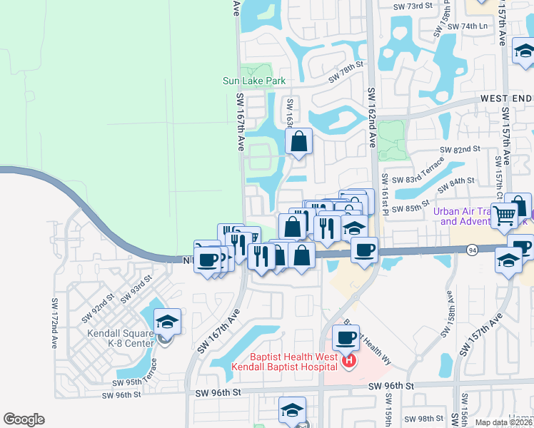 map of restaurants, bars, coffee shops, grocery stores, and more near 16498 Southwest 85th Lane in Miami