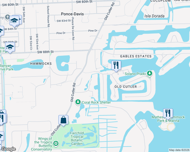 map of restaurants, bars, coffee shops, grocery stores, and more near 9580 Journey's End Road in Coral Gables