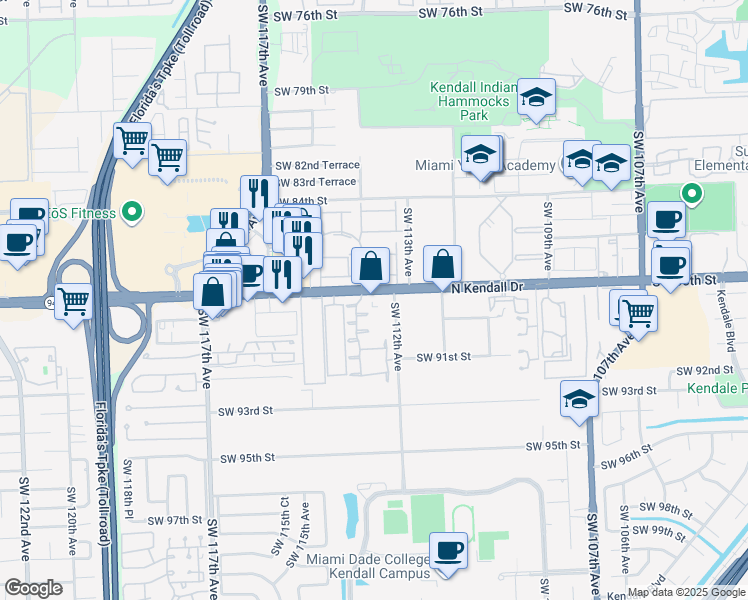 map of restaurants, bars, coffee shops, grocery stores, and more near 11240 Southwest 88th Street in Miami