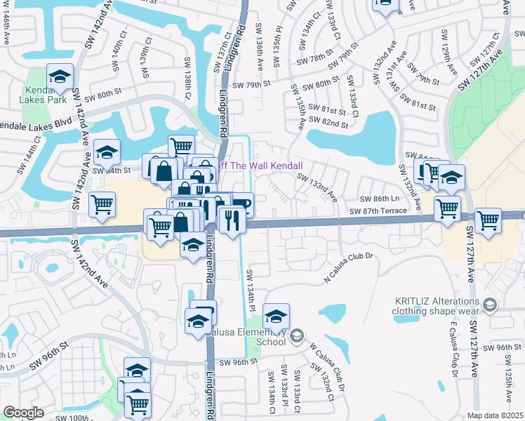 map of restaurants, bars, coffee shops, grocery stores, and more near 8600 Southwest 133rd Avenue Road in Miami