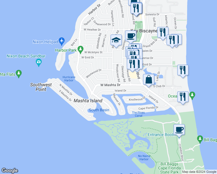 map of restaurants, bars, coffee shops, grocery stores, and more near 256 West Mashta Drive in Key Biscayne