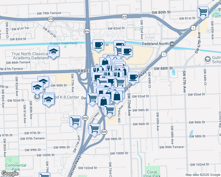 map of restaurants, bars, coffee shops, grocery stores, and more near 9066 South Dadeland Boulevard in Miami