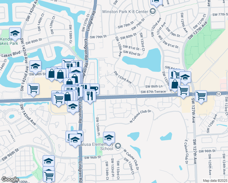 map of restaurants, bars, coffee shops, grocery stores, and more near 8650 Southwest 133rd Avenue in Miami