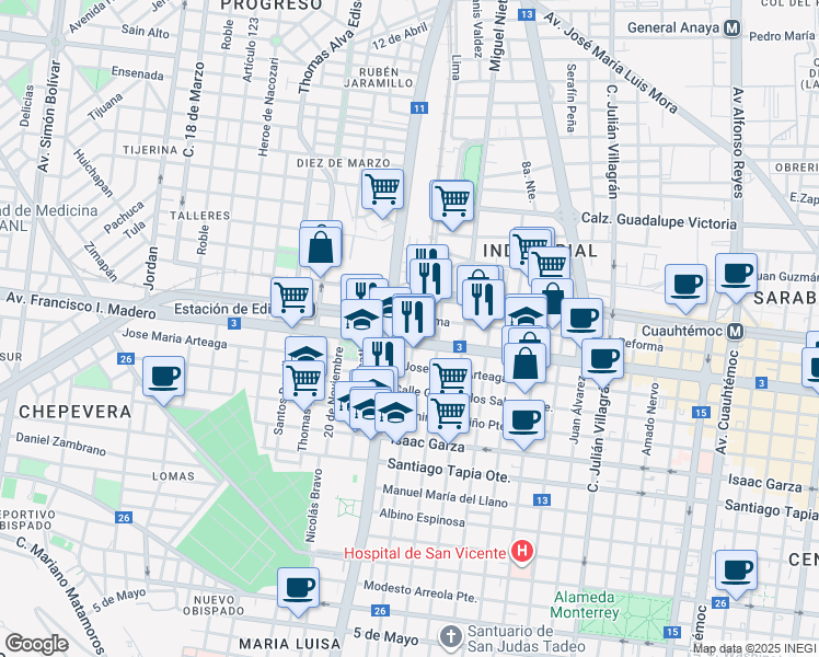 map of restaurants, bars, coffee shops, grocery stores, and more near 1801 Avenida Francisco I. Madero in Monterrey