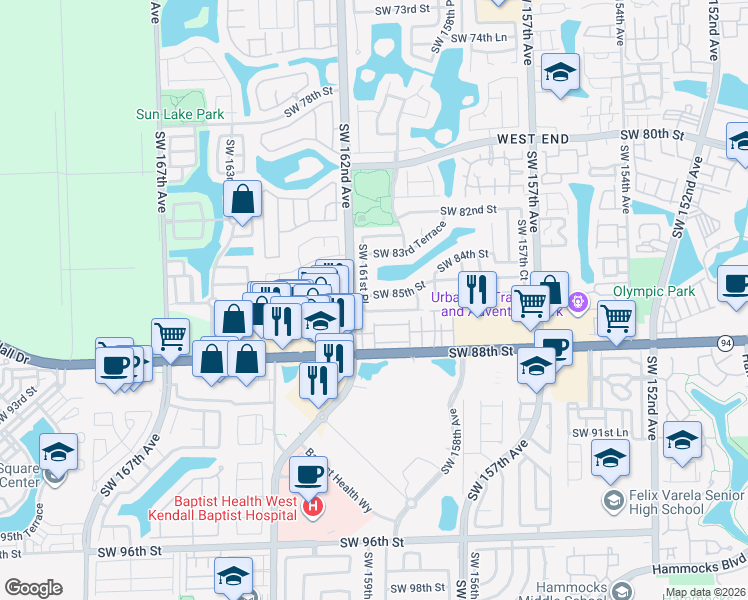 map of restaurants, bars, coffee shops, grocery stores, and more near 16083 Southwest 86th Terrace in Miami