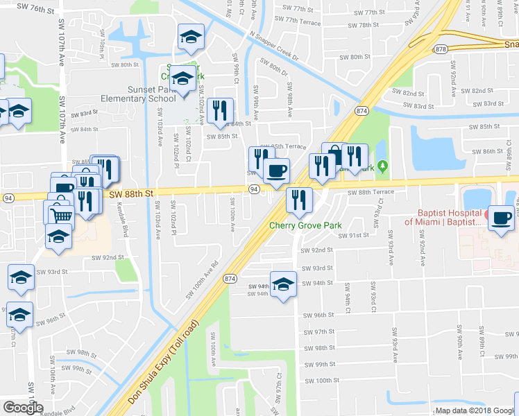 map of restaurants, bars, coffee shops, grocery stores, and more near 9820 North Kendall Drive in Miami