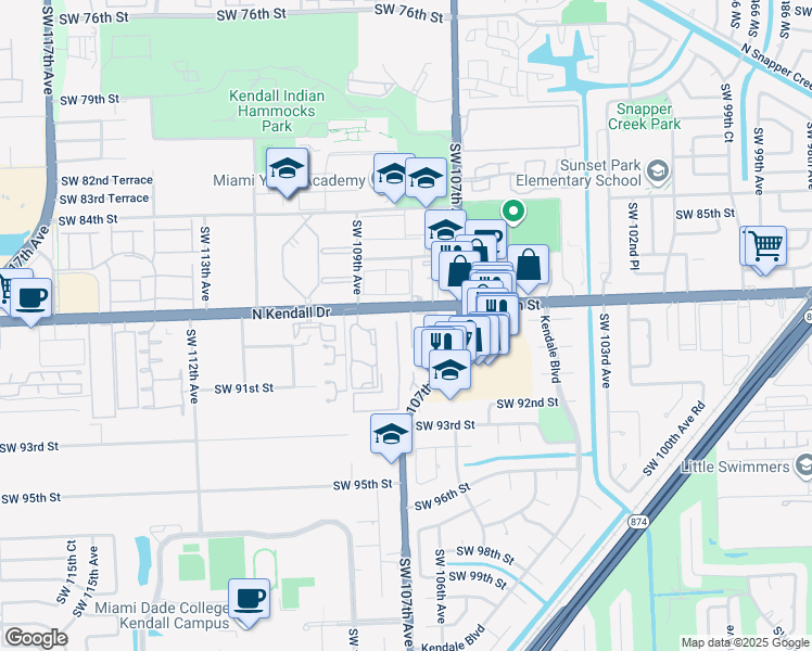 map of restaurants, bars, coffee shops, grocery stores, and more near 10796 North Kendall Drive in Miami