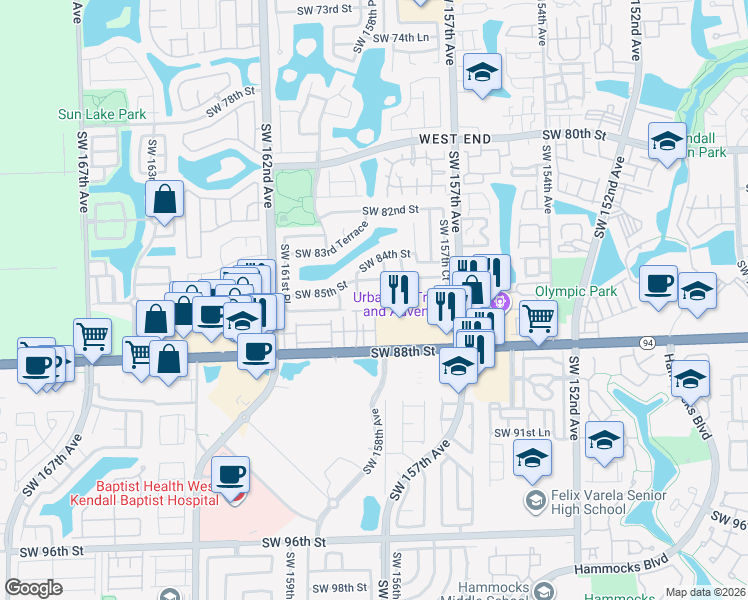map of restaurants, bars, coffee shops, grocery stores, and more near 15851 Southwest 86th Terrace in Miami