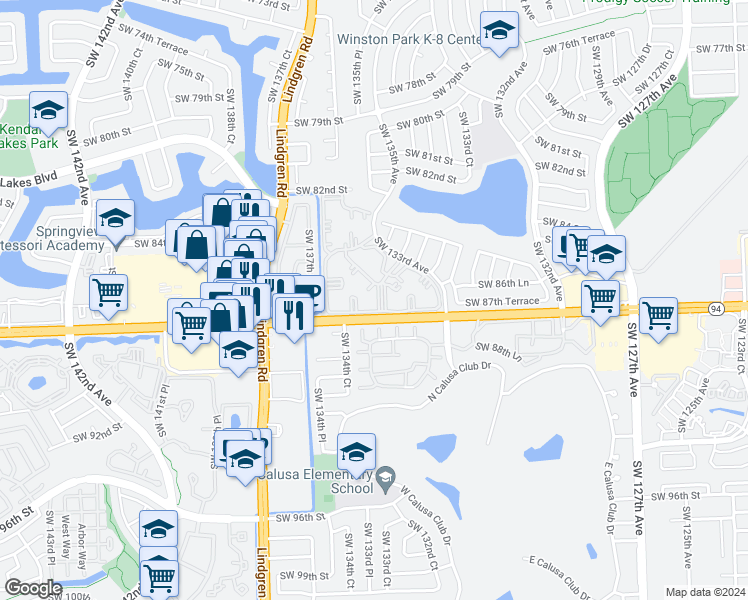 map of restaurants, bars, coffee shops, grocery stores, and more near 8650 Southwest 133rd Avenue in Miami