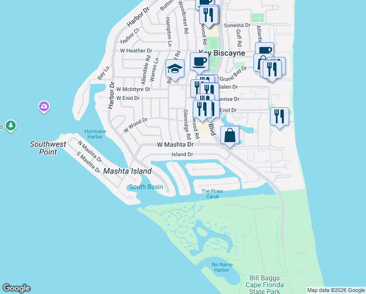 map of restaurants, bars, coffee shops, grocery stores, and more near 241 Island Drive in Key Biscayne