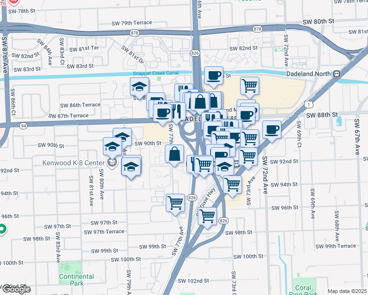 map of restaurants, bars, coffee shops, grocery stores, and more near 9143 Southwest 77th Avenue in Miami