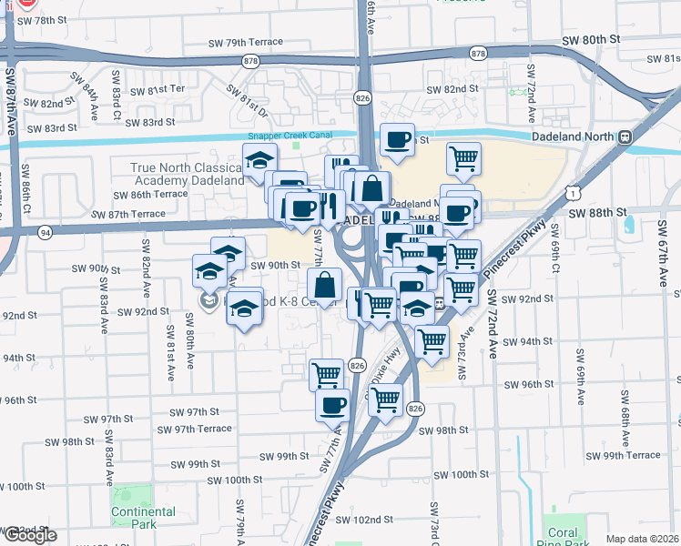 map of restaurants, bars, coffee shops, grocery stores, and more near 9125 Southwest 77th Avenue in Miami