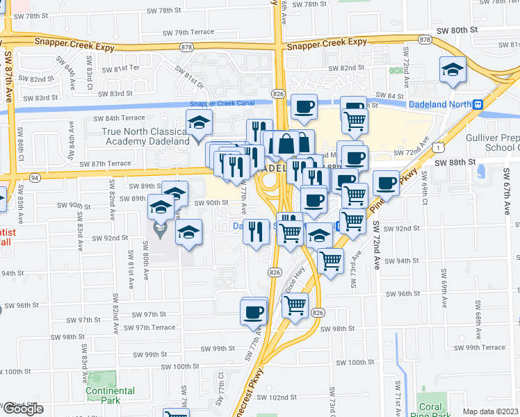 map of restaurants, bars, coffee shops, grocery stores, and more near 9125 Southwest 77th Avenue in Miami