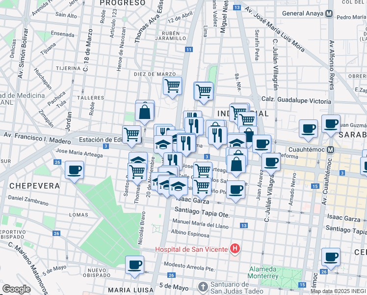 map of restaurants, bars, coffee shops, grocery stores, and more near 1801 Avenida Francisco I. Madero in Monterrey
