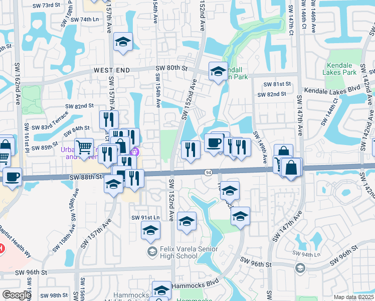 map of restaurants, bars, coffee shops, grocery stores, and more near 8595 Southwest 152nd Avenue in Miami