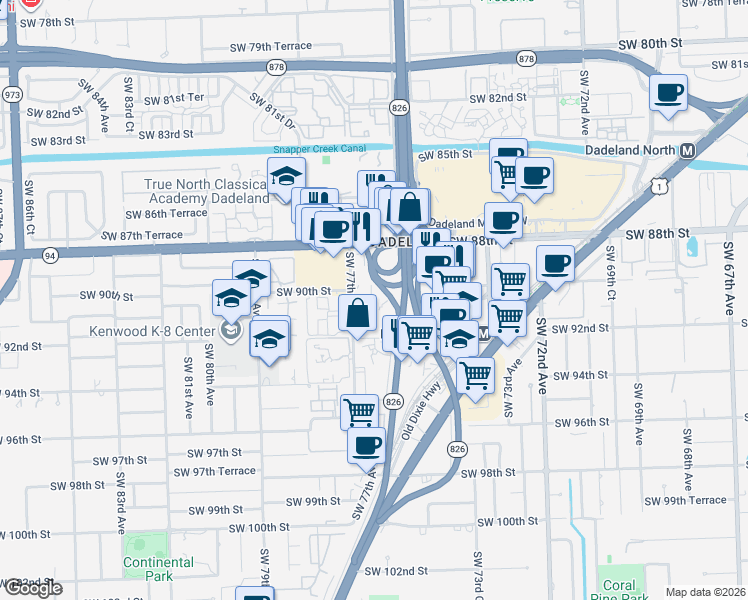 map of restaurants, bars, coffee shops, grocery stores, and more near 9001 Southwest 77th Avenue in Miami