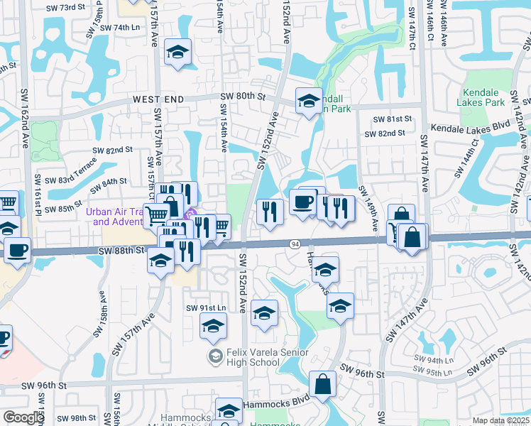 map of restaurants, bars, coffee shops, grocery stores, and more near 8595 Southwest 152nd Avenue in Miami