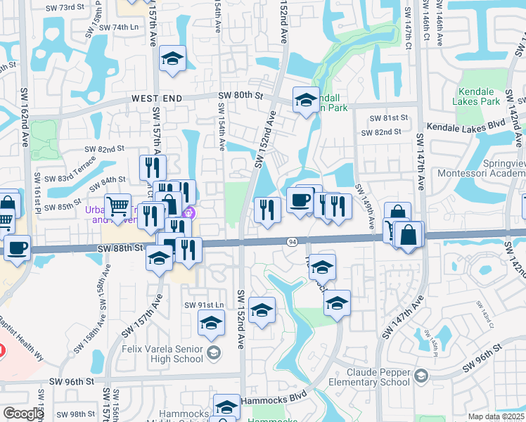map of restaurants, bars, coffee shops, grocery stores, and more near 8665 Southwest 152nd Avenue in Miami