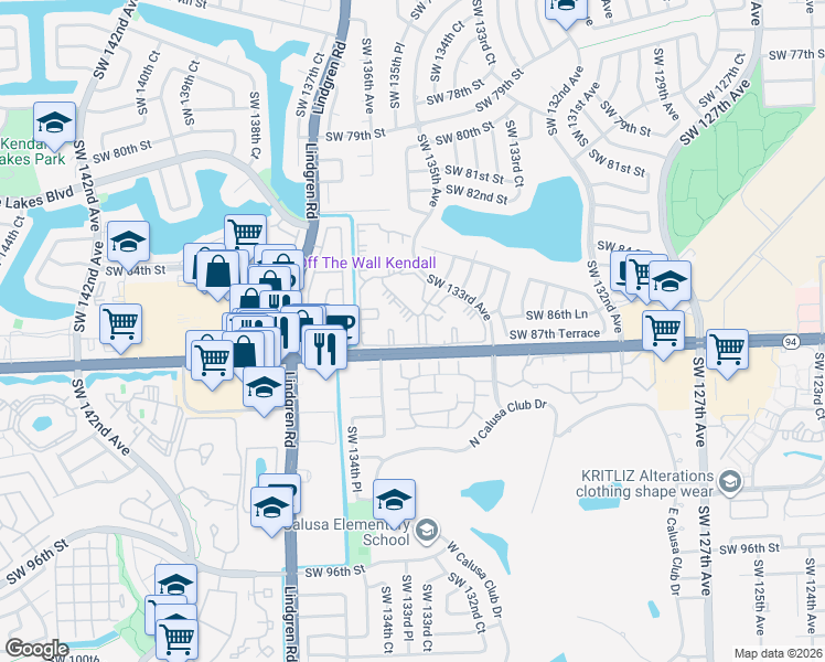 map of restaurants, bars, coffee shops, grocery stores, and more near 8650 Southwest 133rd Avenue Road in Miami