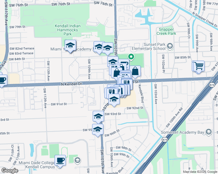 map of restaurants, bars, coffee shops, grocery stores, and more near 10748 North Kendall Drive in Miami