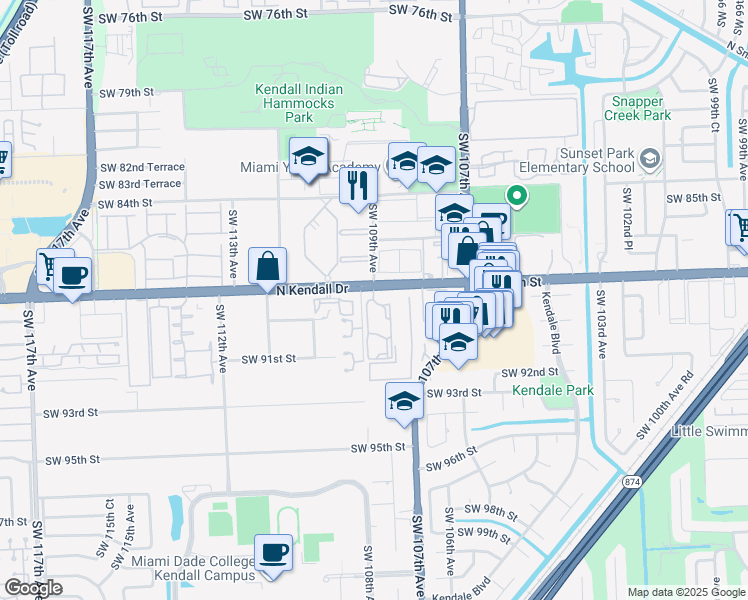 map of restaurants, bars, coffee shops, grocery stores, and more near 8909 Southwest 108th Place in Miami