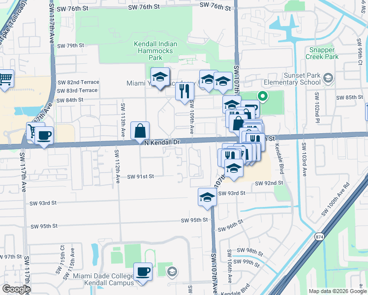 map of restaurants, bars, coffee shops, grocery stores, and more near 8909 Southwest 108th Place in Miami