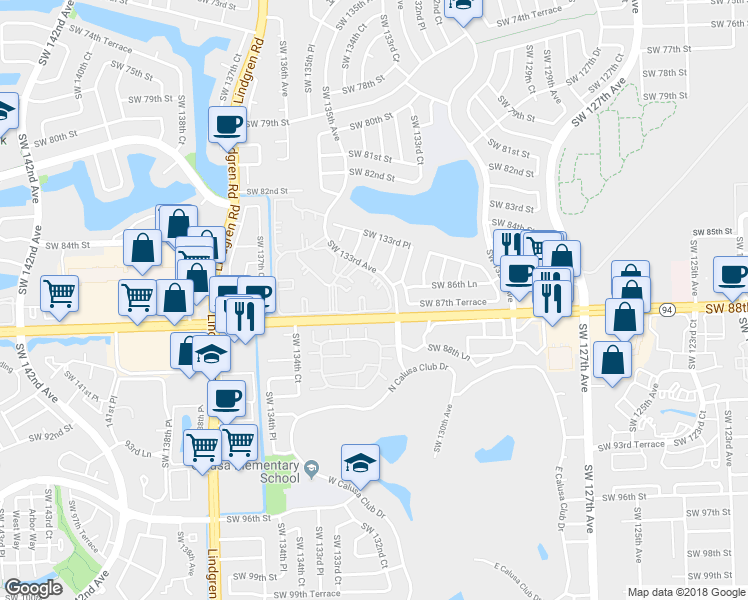 map of restaurants, bars, coffee shops, grocery stores, and more near in Kendale Lakes