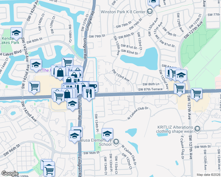 map of restaurants, bars, coffee shops, grocery stores, and more near 8650 Southwest 133rd Avenue in Miami