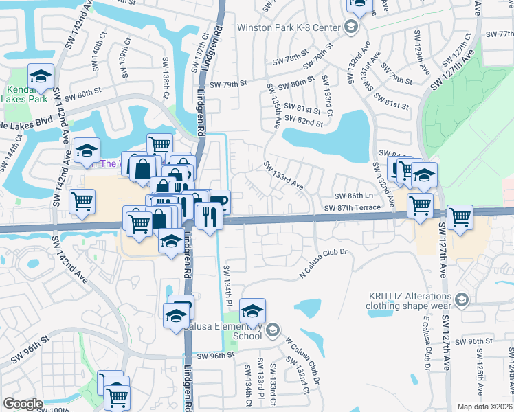 map of restaurants, bars, coffee shops, grocery stores, and more near 8650 Southwest 133rd Avenue in Miami
