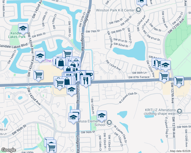 map of restaurants, bars, coffee shops, grocery stores, and more near 8600 Southwest 133rd Avenue Road in Miami