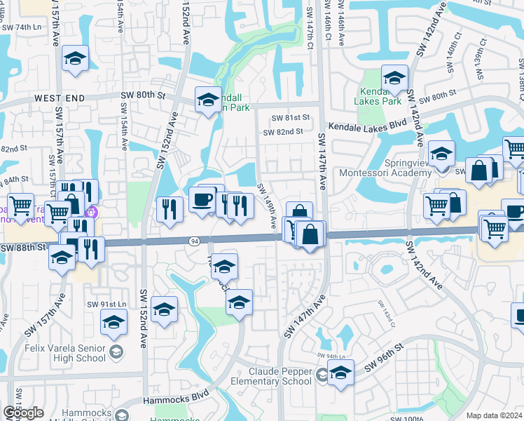 map of restaurants, bars, coffee shops, grocery stores, and more near 8610 Southwest 149th Avenue in Miami