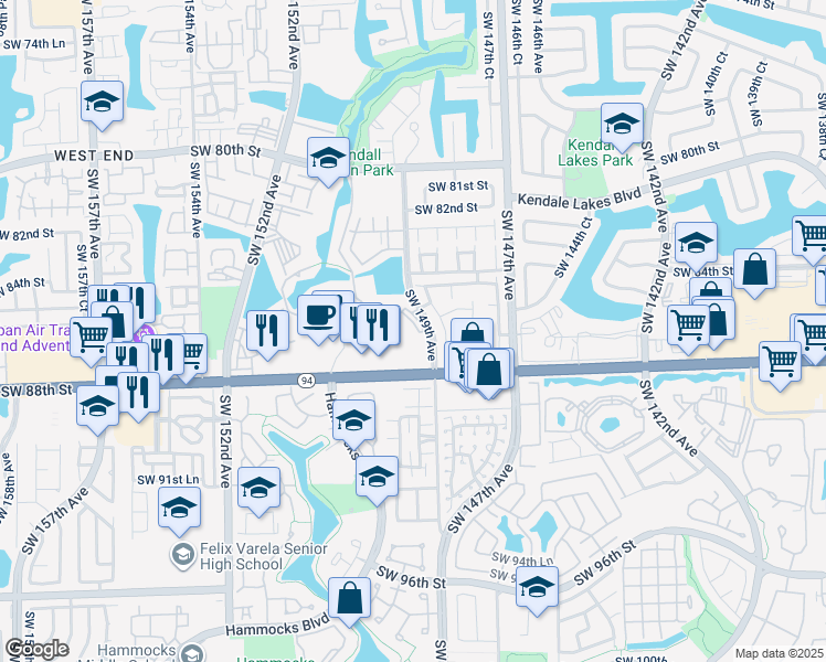 map of restaurants, bars, coffee shops, grocery stores, and more near 8610 Southwest 149th Avenue in Miami
