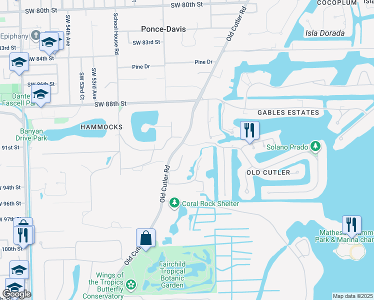map of restaurants, bars, coffee shops, grocery stores, and more near 9400 Old Cutler Lane in Coral Gables