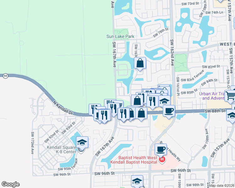 map of restaurants, bars, coffee shops, grocery stores, and more near 16628 Southwest 85th Lane in Miami