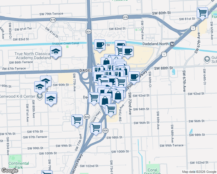 map of restaurants, bars, coffee shops, grocery stores, and more near 9075 South Dadeland Boulevard in Kendall