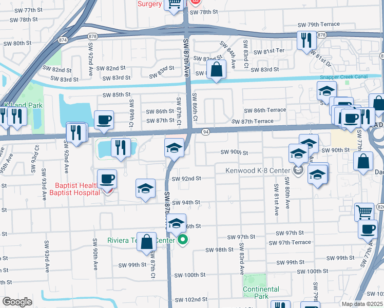 map of restaurants, bars, coffee shops, grocery stores, and more near 9075 Southwest 87th Avenue in Miami