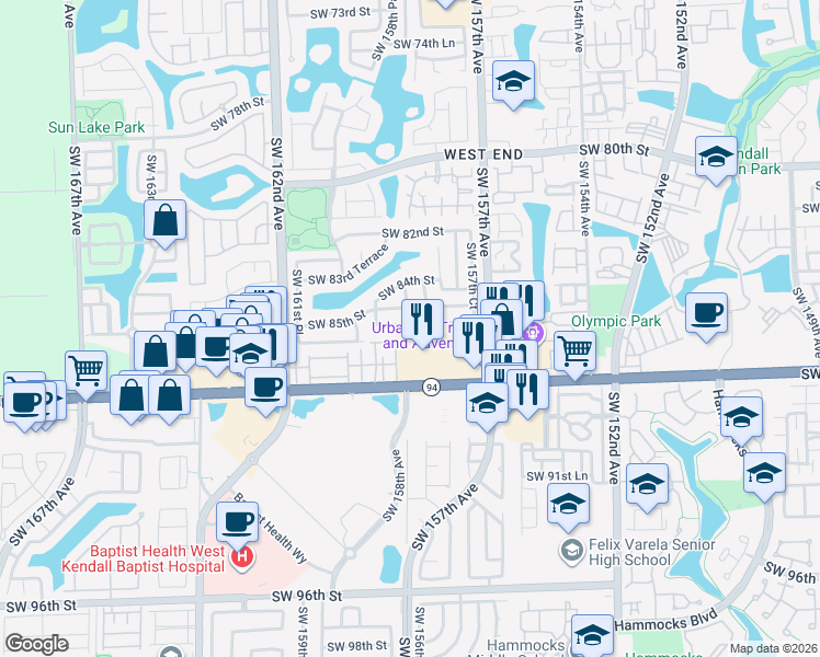 map of restaurants, bars, coffee shops, grocery stores, and more near 15851 Southwest 86th Terrace in Miami