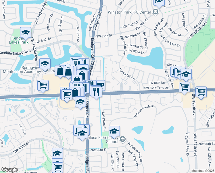 map of restaurants, bars, coffee shops, grocery stores, and more near 8600 Southwest 133rd Avenue Road in Miami