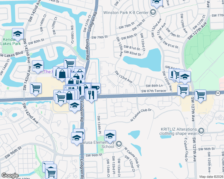 map of restaurants, bars, coffee shops, grocery stores, and more near 8650 Southwest 133rd Avenue in Miami