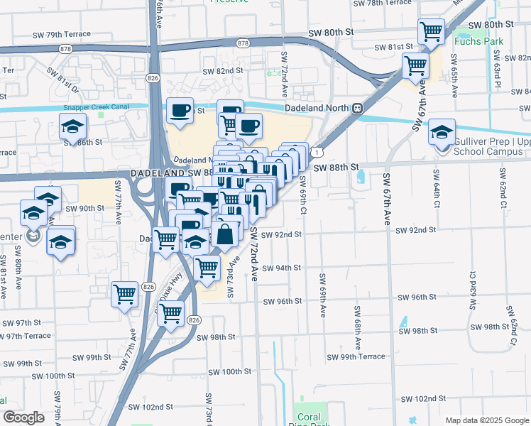 map of restaurants, bars, coffee shops, grocery stores, and more near 9055 South Dixie Highway in Pinecrest